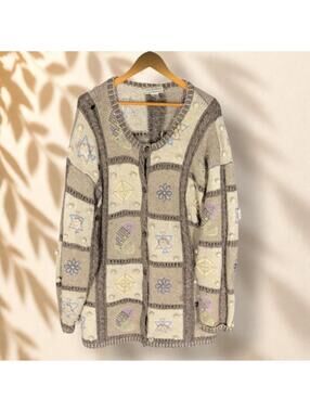 August Max Cardigan Women 2X Plus Beige Plaid Button Long Sleeve Knit Wool